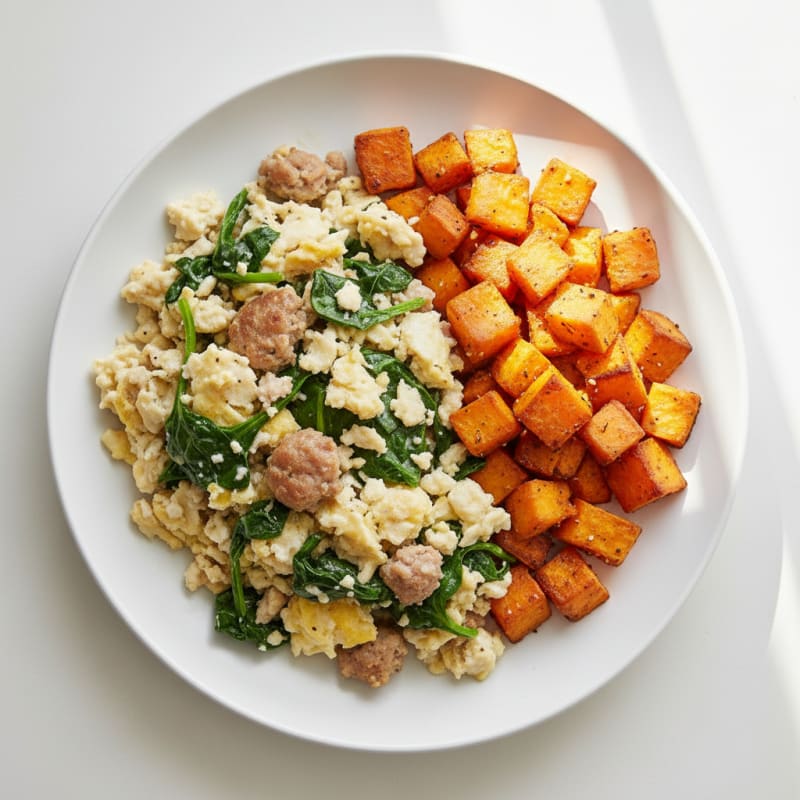 Egg White and Turkey Sausage Scramble with Spinach and Roasted Sweet Potato
