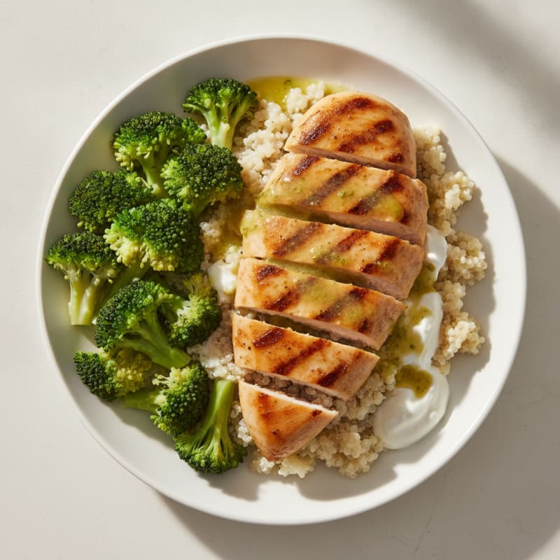 Grilled Chicken Breast with Creamy Quinoa and Steamed Broccoli