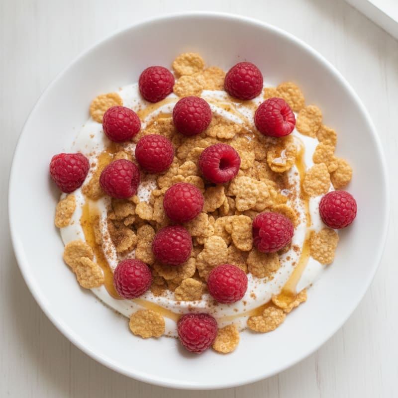 Honey Yogurt Bowl with Raspberries and Cereal
