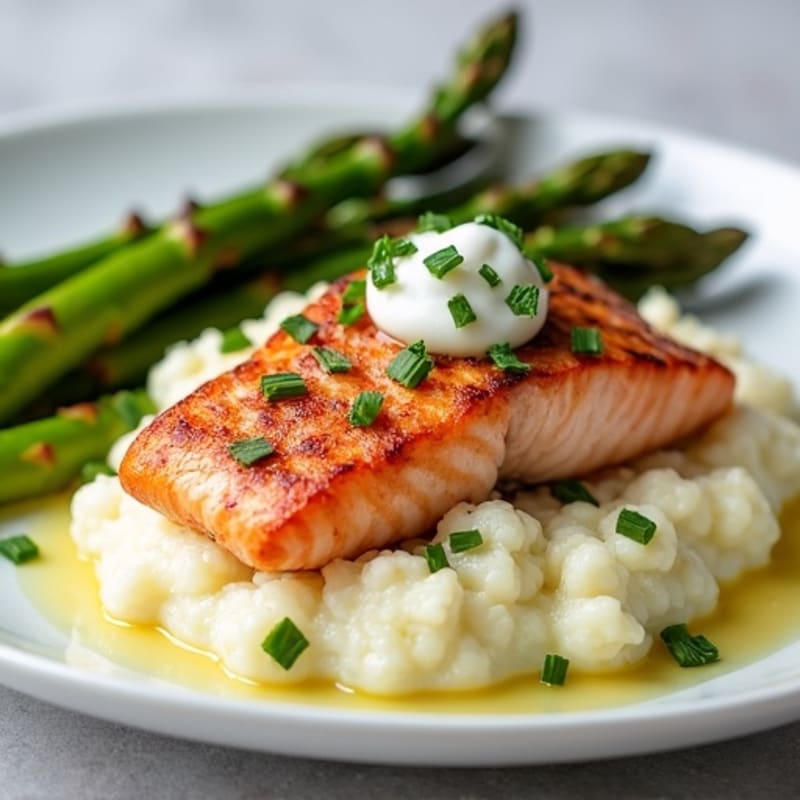 Seared Salmon with Creamy Cauliflower Mash and Roasted Asparagus