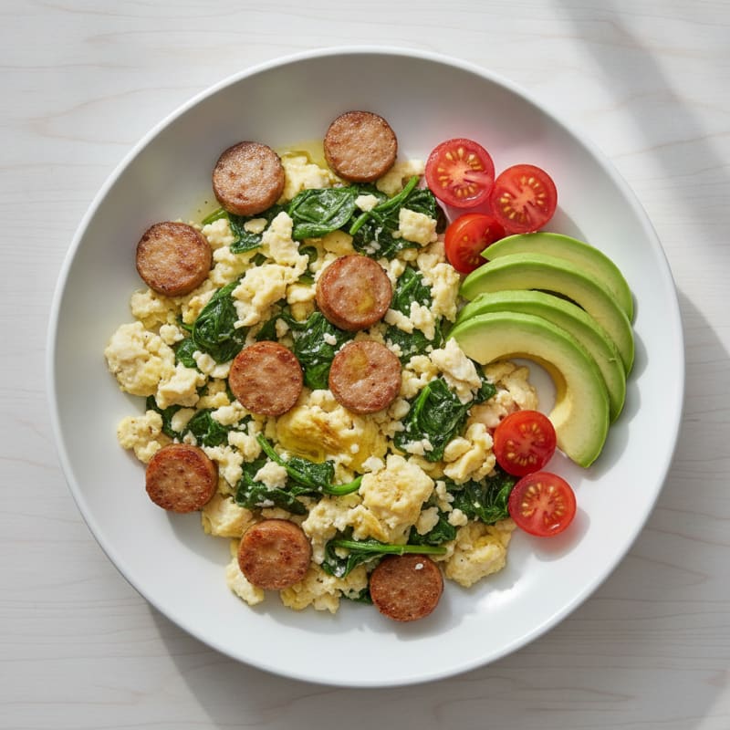 Egg White and Spinach Scramble with Turkey Sausage