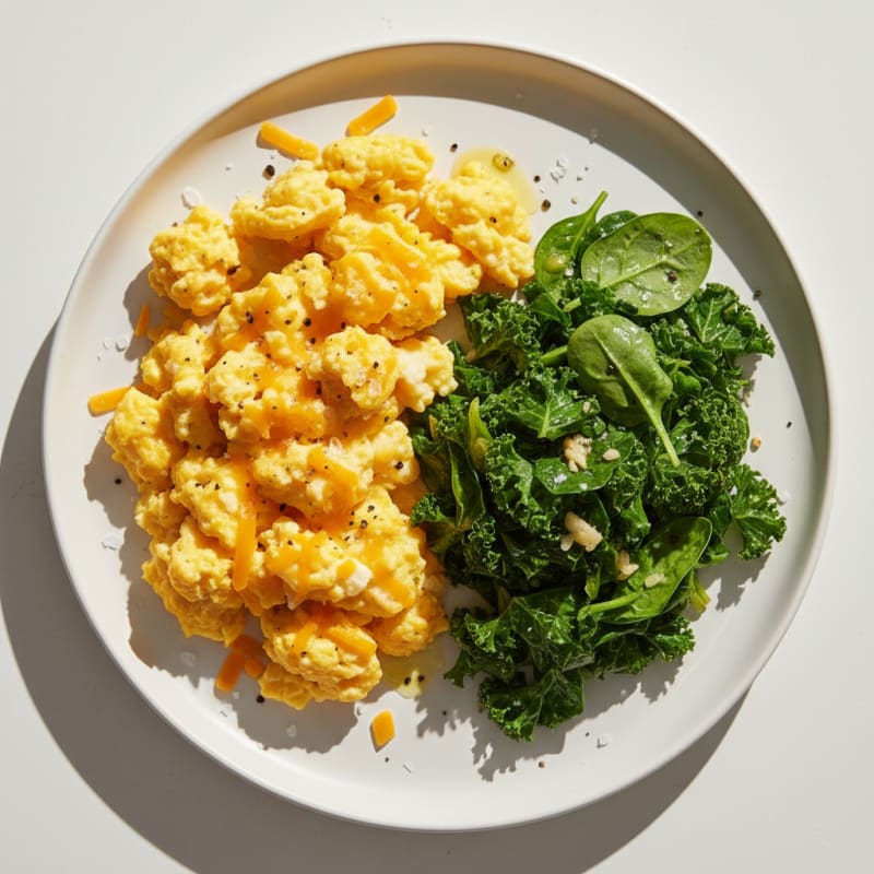 Cheesy Scrambled Eggs with Sautéed Greens