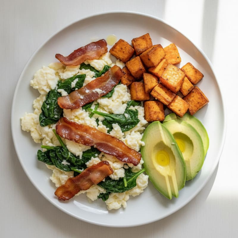 Crispy Turkey Bacon and Egg White Scramble with Sautéed Spinach
