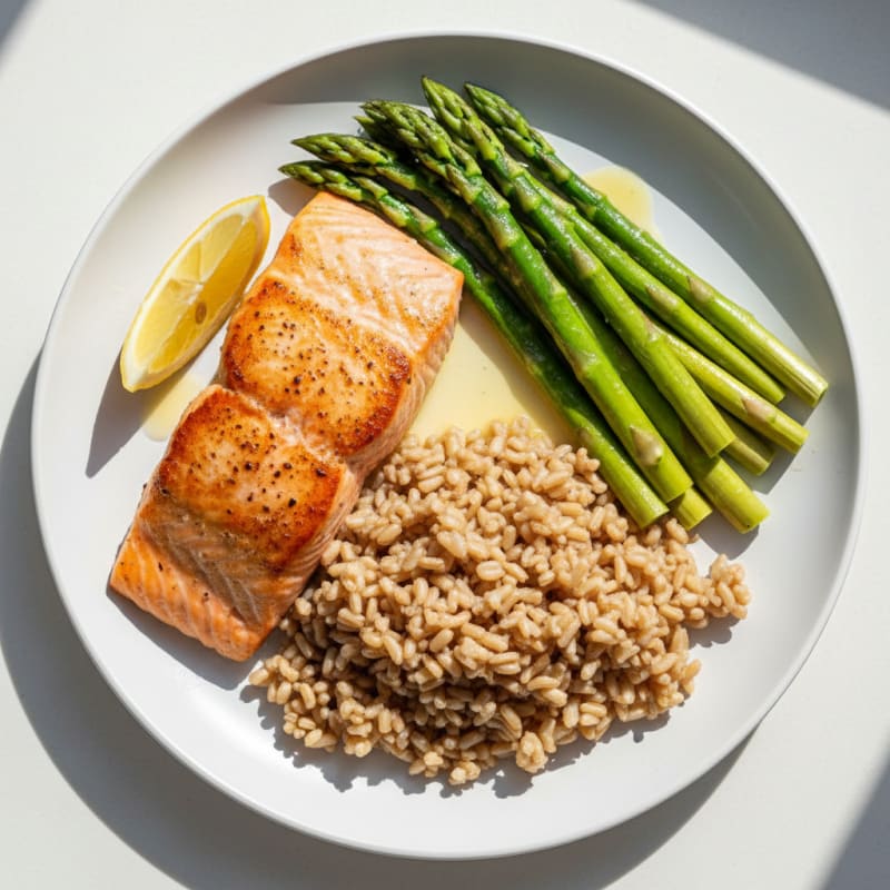 Seared Salmon with Steamed Asparagus and Brown Rice