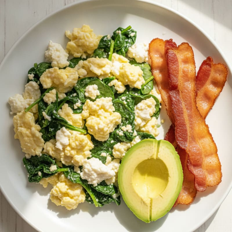 Cottage Cheese Scramble with Spinach and Turkey Bacon