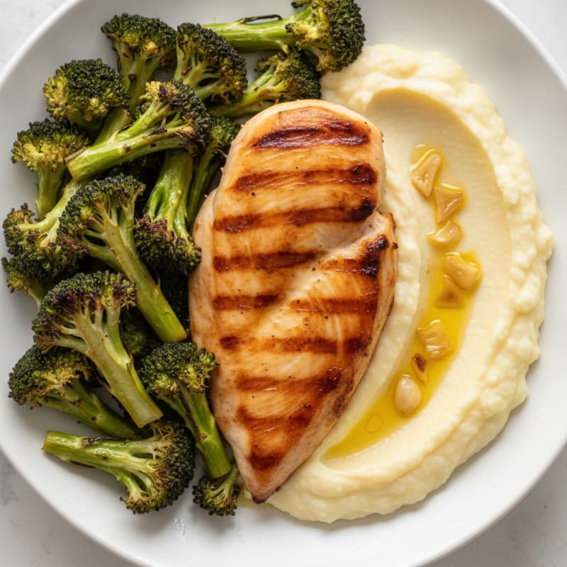 Grilled Chicken Breast with Roasted Broccoli and Cauliflower Mash