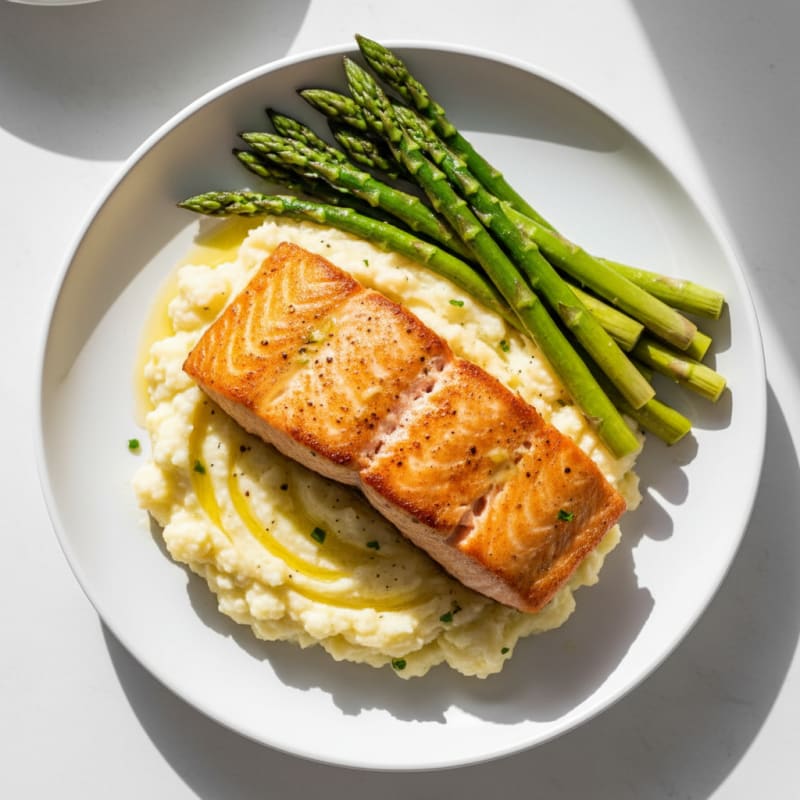 Seared Salmon with Steamed Asparagus and Garlic Mashed Cauliflower