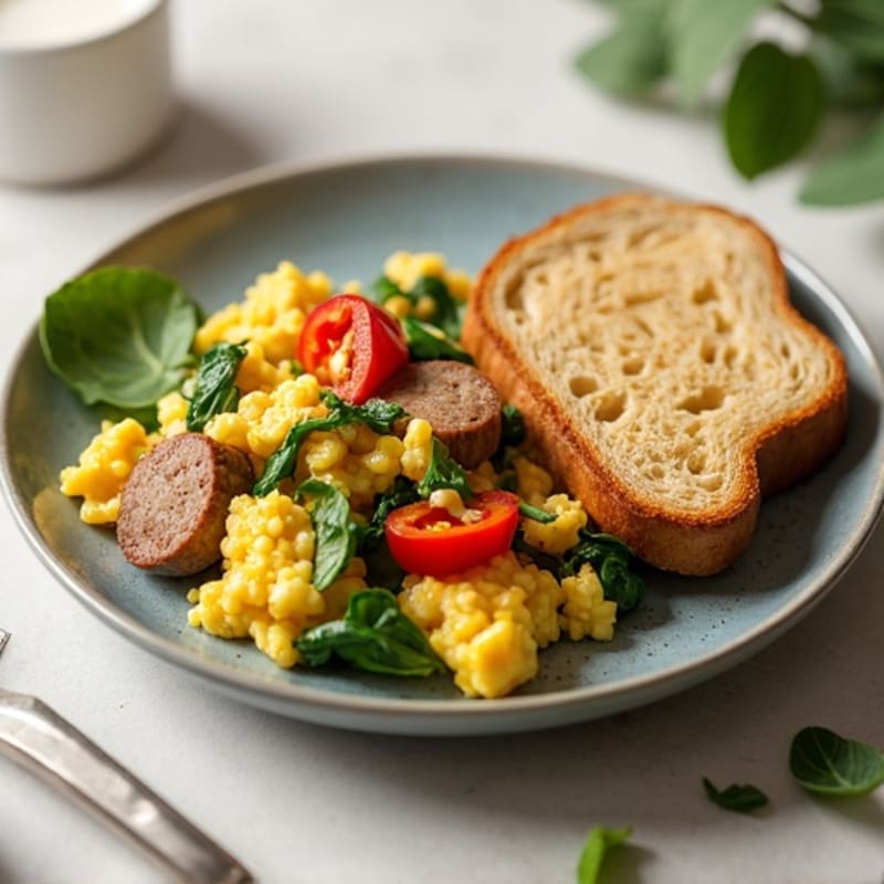 Egg White and Turkey Sausage Scramble with Spinach and Bell Peppers