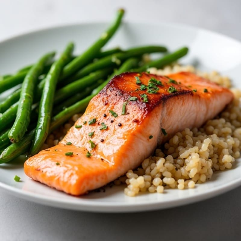 Seared Salmon with Garlic Green Beans and Brown Rice