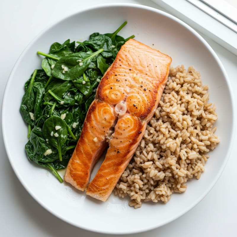 Seared Salmon with Garlic Spinach and Brown Rice