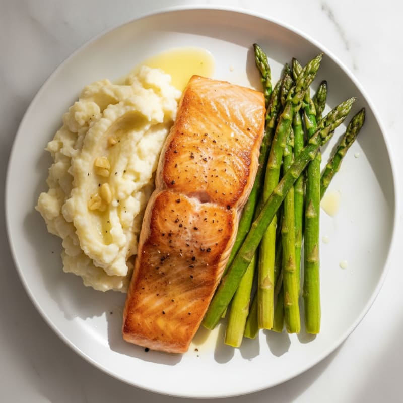 Seared Salmon Fillet with Roasted Asparagus and Garlic Mashed Cauliflower