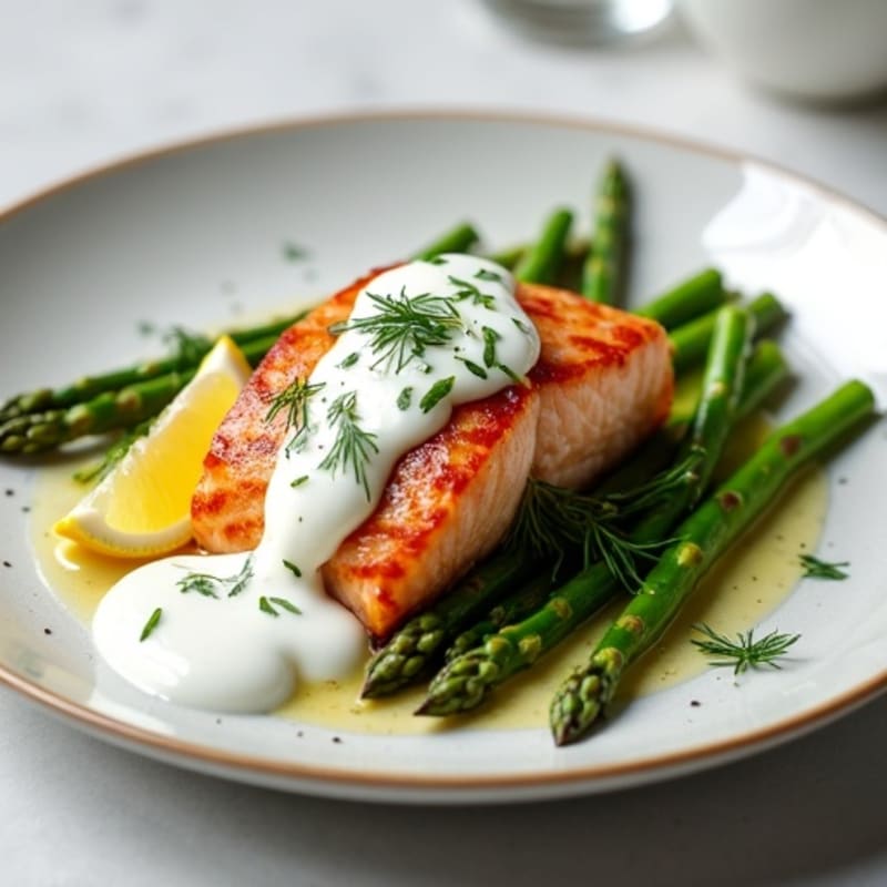 Seared Salmon with Steamed Asparagus and Lemon-Dill Yogurt Sauce
