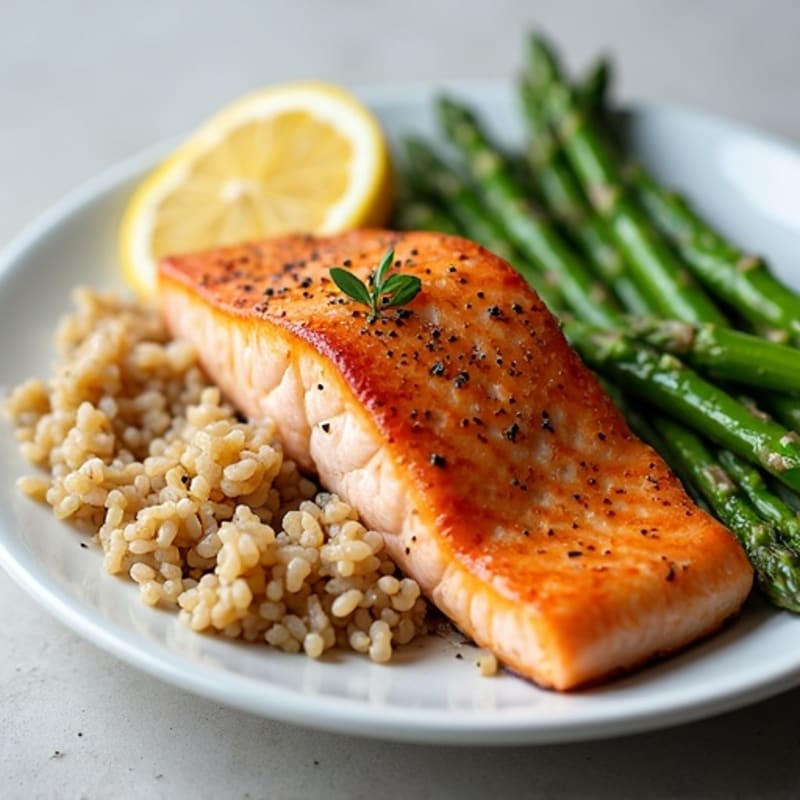 Seared Salmon with Steamed Asparagus and Brown Rice