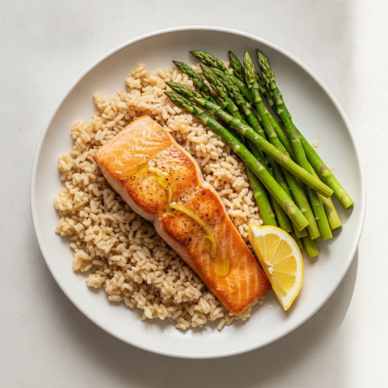 Seared Salmon Fillet with Steamed Asparagus and Brown Rice