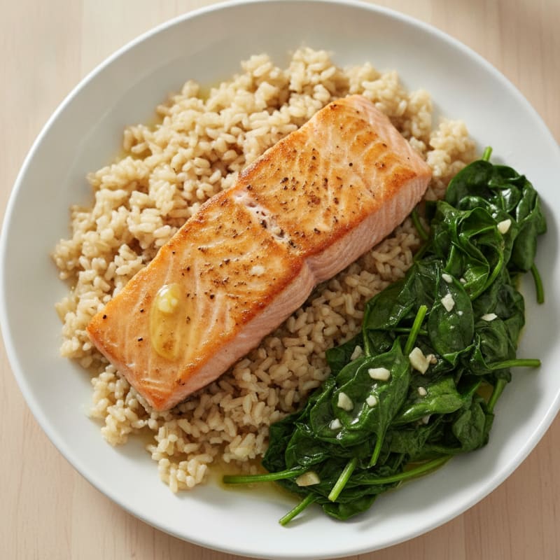 Seared Salmon with Garlic Spinach and Brown Rice