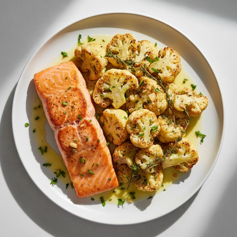 Seared Salmon with Herb-Roasted Cauliflower and Lemon Olive Oil Drizzle