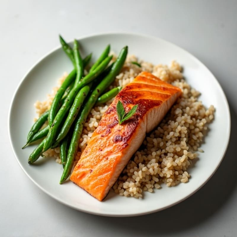 Seared Salmon Fillet with Steamed Green Beans and Brown Rice