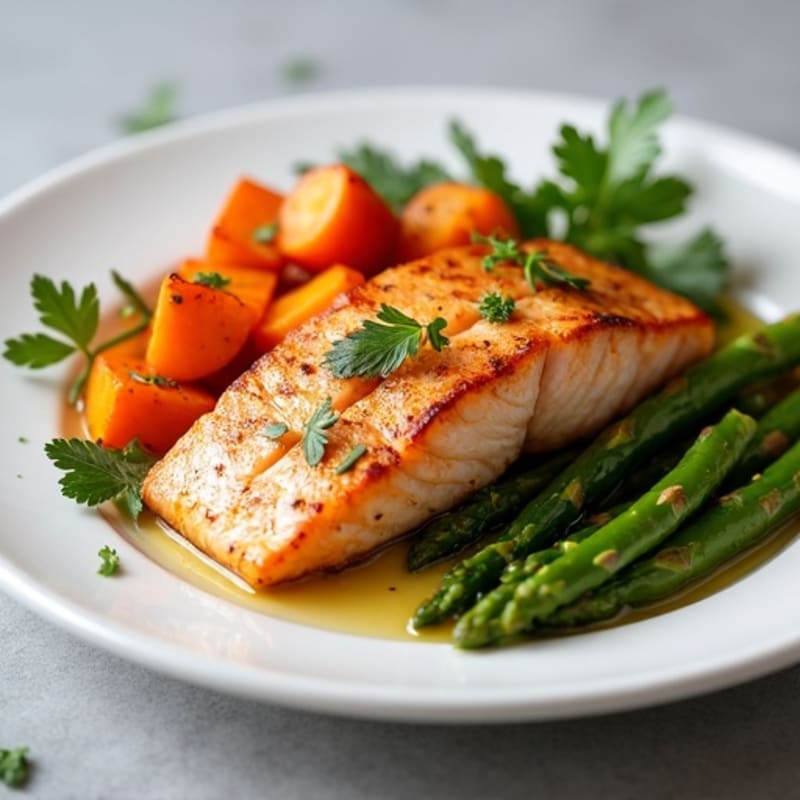 Seared Salmon Fillet with Roasted Sweet Potato and Asparagus