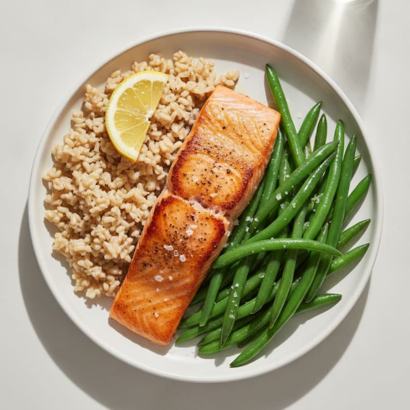 Seared Salmon with Steamed Green Beans and Brown Rice