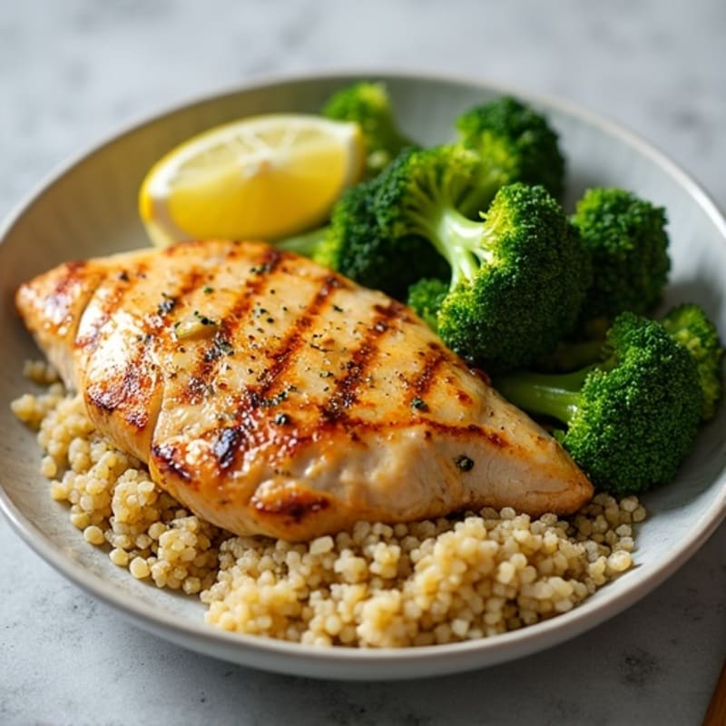 Grilled Lemon-Garlic Chicken Breast with Quinoa and Roasted Broccoli