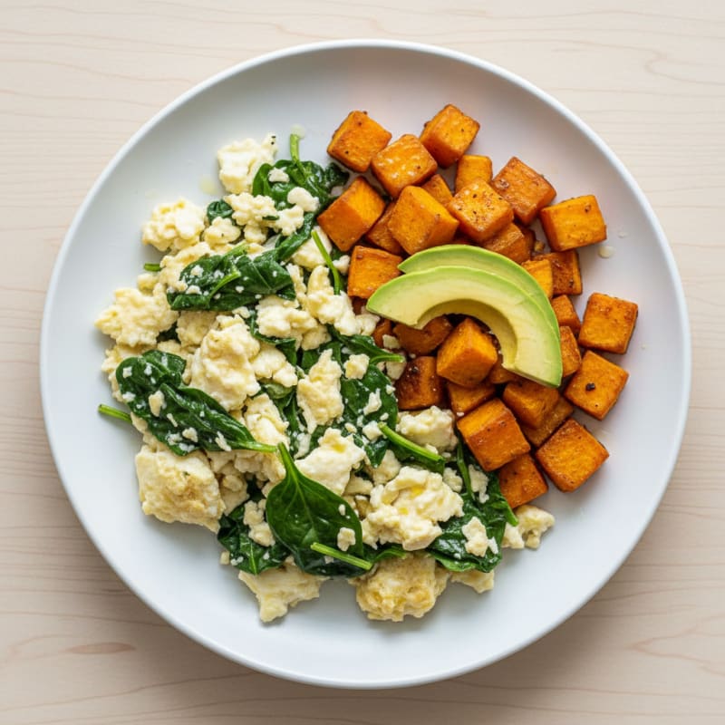 Scrambled Egg Whites with Sautéed Spinach and Roasted Sweet Potato