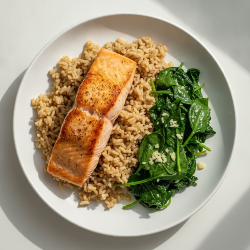 Seared Salmon with Garlic Spinach and Brown Rice Pilaf