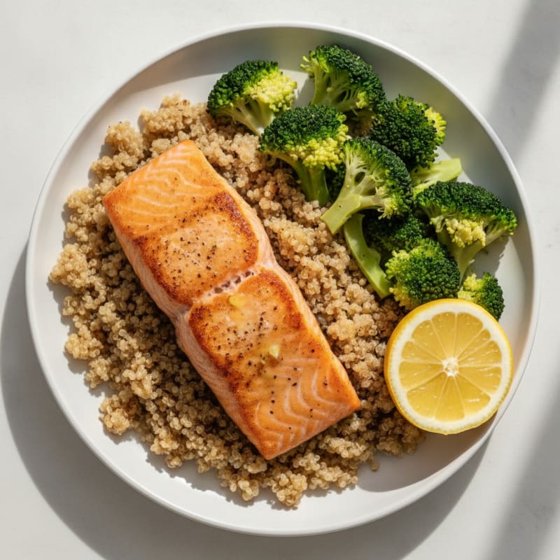Seared Salmon Fillet with Steamed Broccoli and Quinoa