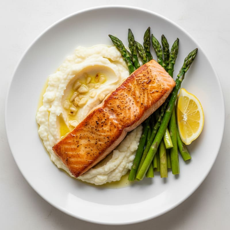Pan-Seared Salmon with Creamy Garlic Cauliflower Mash and Asparagus