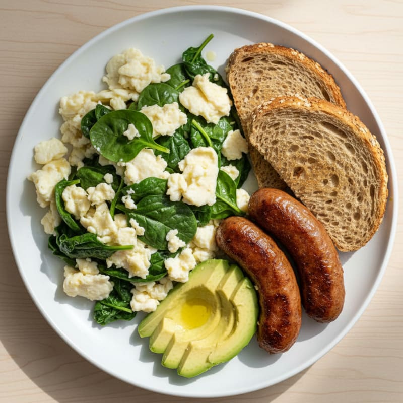 Egg White and Spinach Scramble with Seared Turkey Sausage