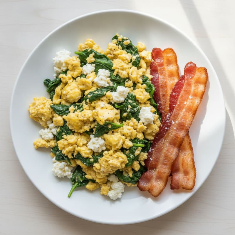 Cottage Cheese Scramble with Spinach and Turkey Bacon