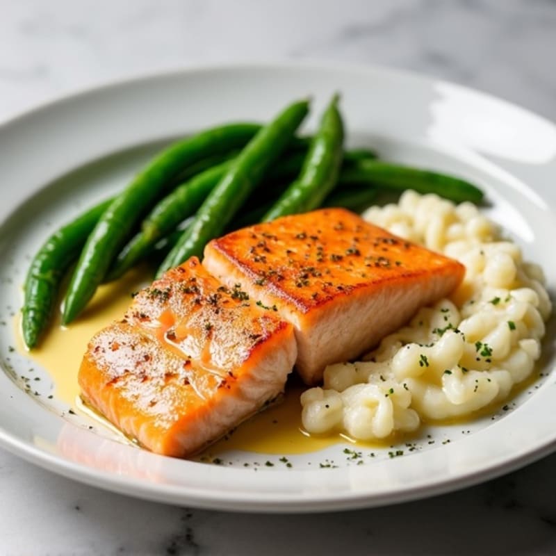 Seared Salmon with Garlic Green Beans and Cauliflower Mash