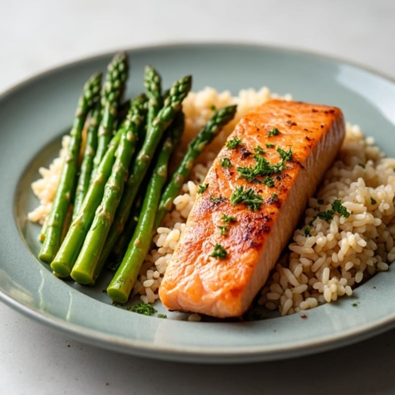 Seared Salmon Fillet with Steamed Asparagus and Brown Rice