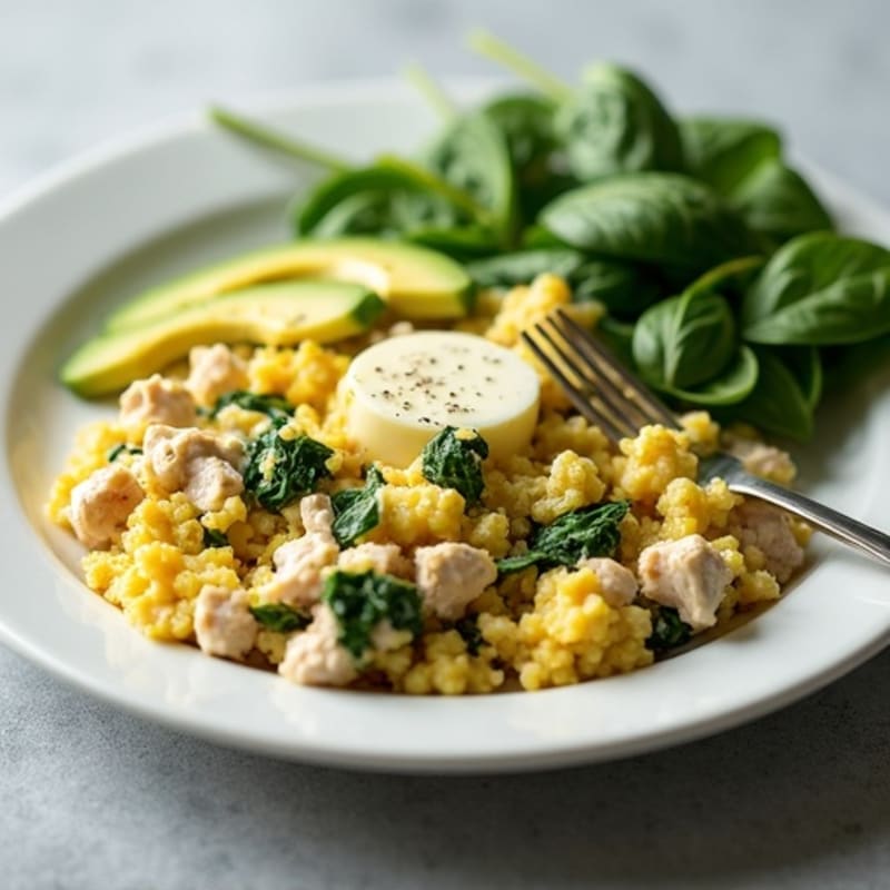 Egg White and Spinach Scramble with Cottage Cheese and Sliced Turkey