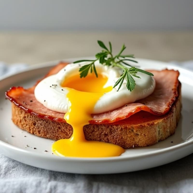 Poached Eggs with Crispy Lean Ham, Whole Grain Toast, and Creamy Lemon Dill Sauce
