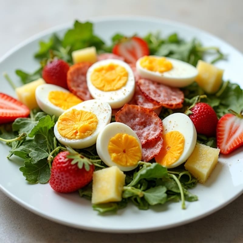 Creamy Egg and Pepperoni Salad with Fresh Greens, Pineapple, and Strawberries