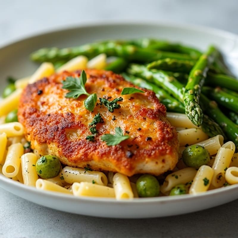 Crispy Pan-Seared Chicken with Fresh Pesto Whole Wheat Pasta and Roasted Asparagus