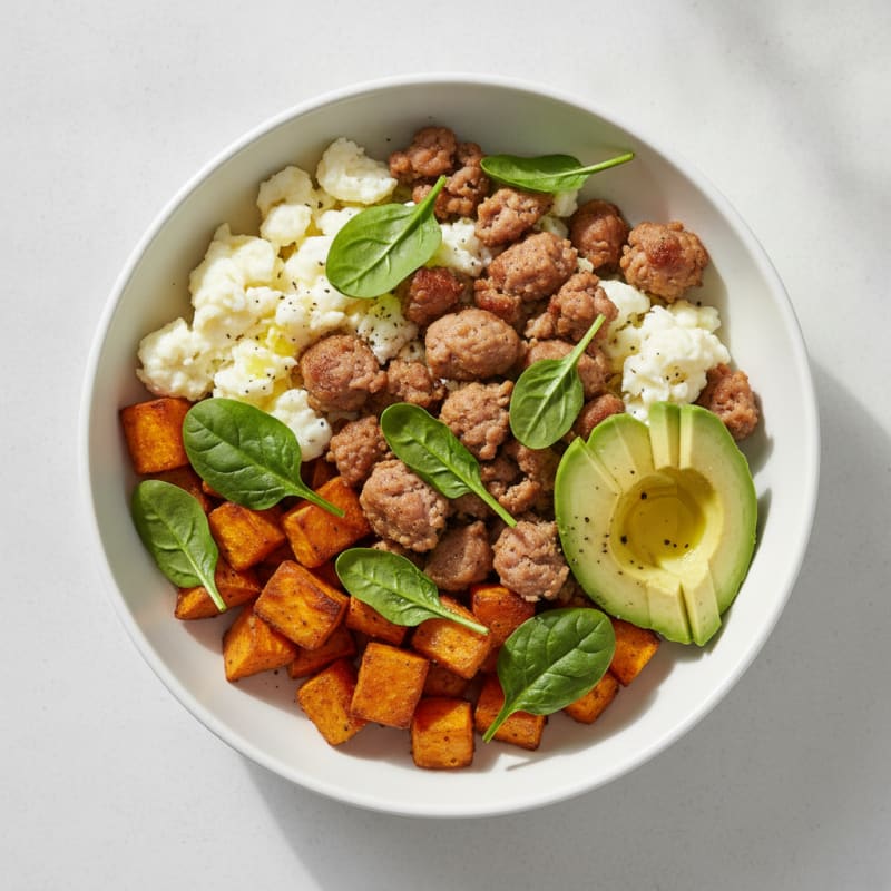 Crispy Turkey Sausage and Egg White Breakfast Bowl with Roasted Sweet Potatoes