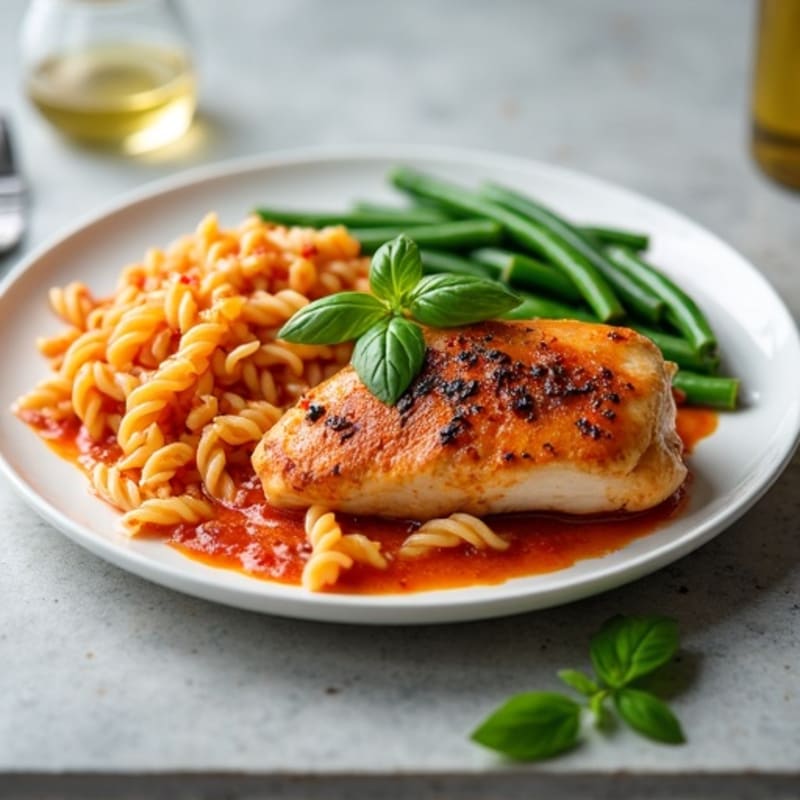 Seared Chicken Thighs with Creamy Tomato Pasta and Steamed Green Beans