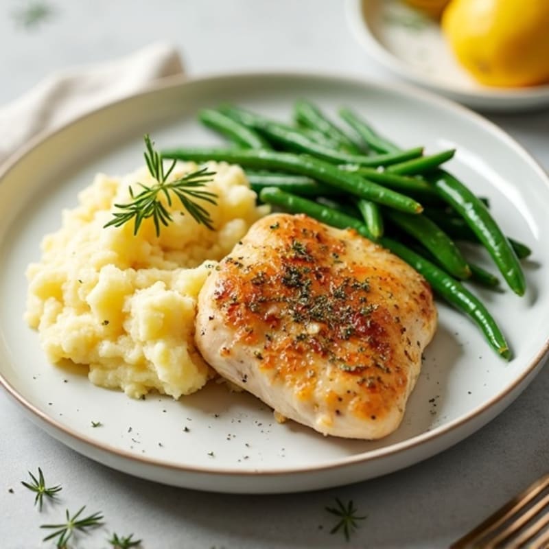 Lemon-Herb Roasted Chicken with Creamy Garlic Mashed Potatoes and Crispy Roasted Green Beans