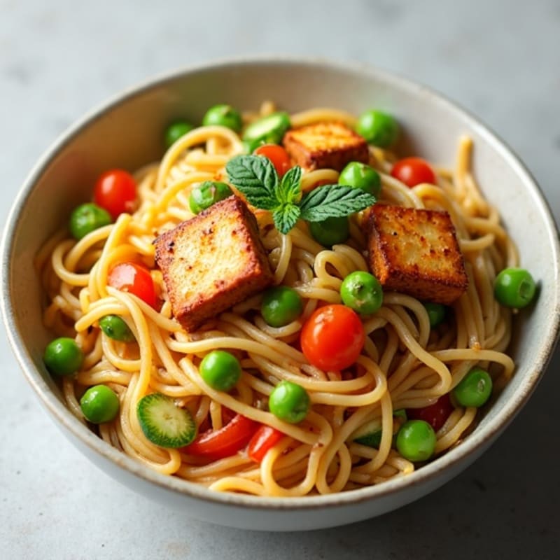 Creamy Vegan Peanut Noodles with Crispy Tofu and Fresh Vegetables