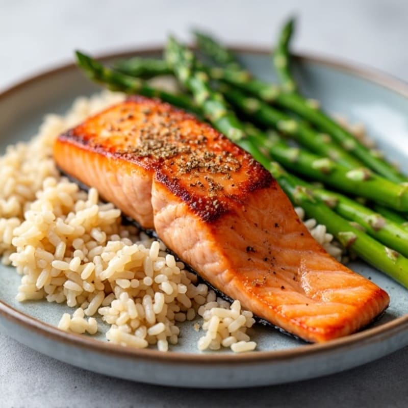 Seared Salmon with Steamed Asparagus and Brown Rice