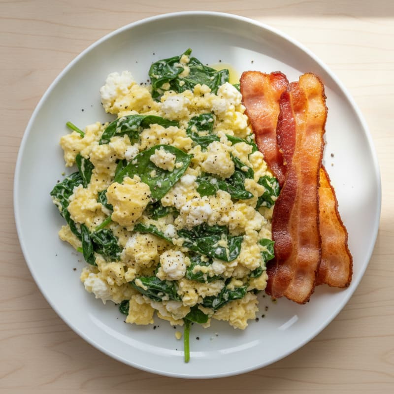 Cottage Cheese Egg Scramble with Spinach and Turkey Bacon