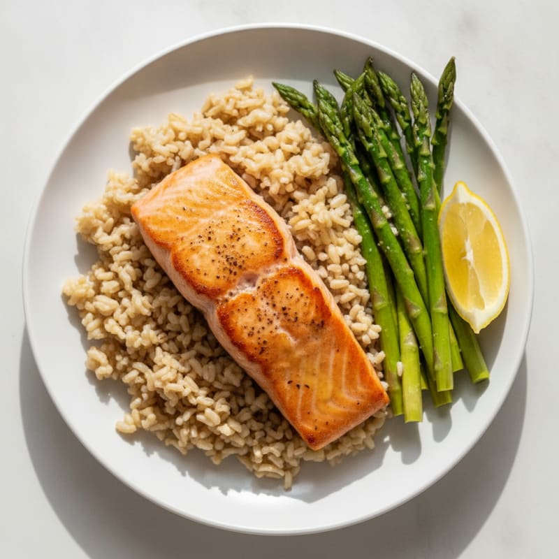 Seared Salmon with Steamed Asparagus and Brown Rice