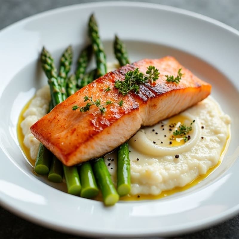 Seared Salmon with Steamed Asparagus and Cauliflower Mash
