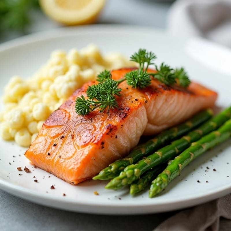Seared Salmon with Steamed Asparagus and Garlic Mashed Cauliflower