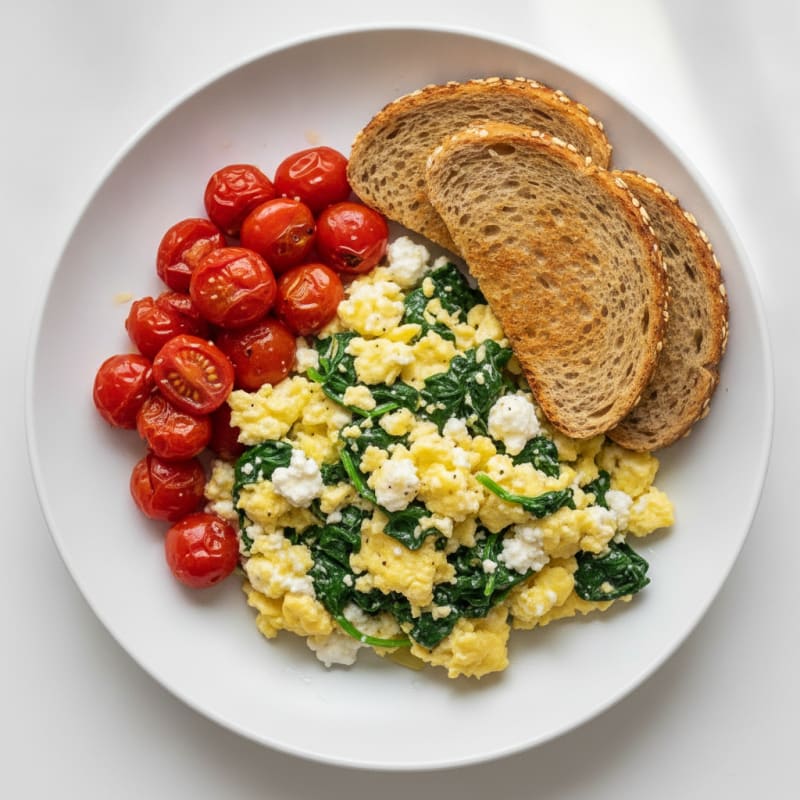Cottage Cheese Egg Scramble with Sautéed Spinach and Cherry Tomatoes