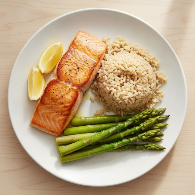 Seared Salmon with Steamed Asparagus and Brown Rice