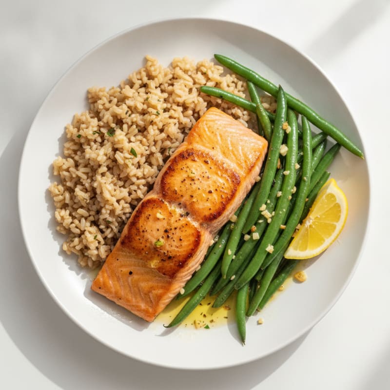 Seared Salmon with Garlic Green Beans and Brown Rice
