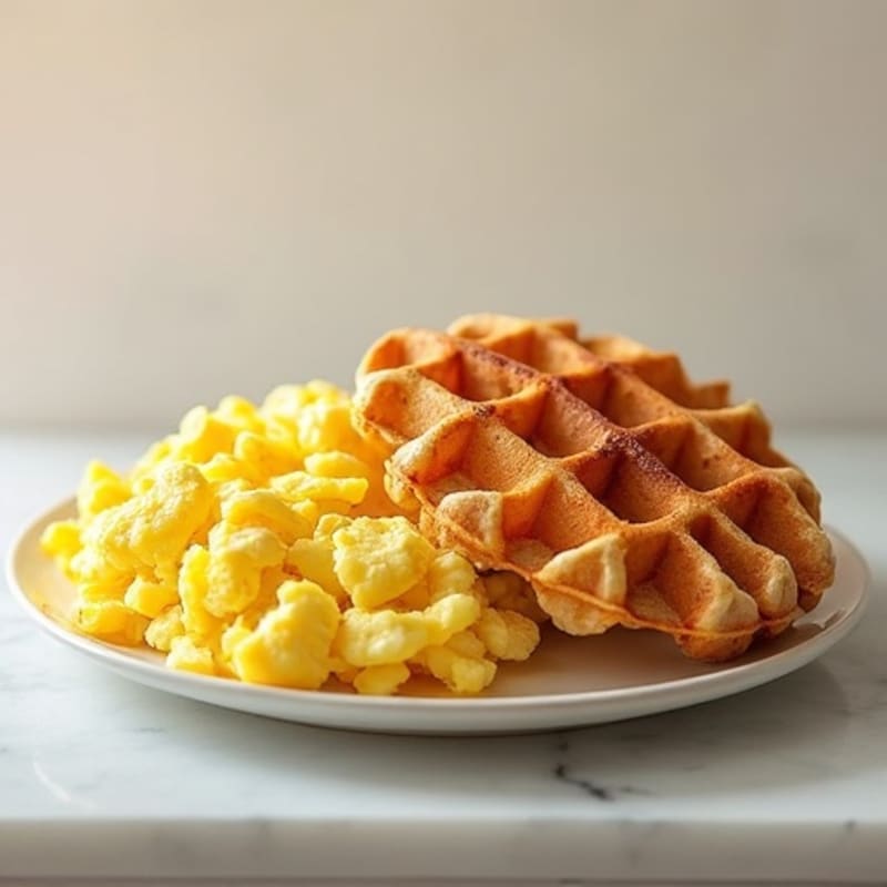 Fluffy Scrambled Eggs with Crispy Hash Browns and Whole Wheat Waffles