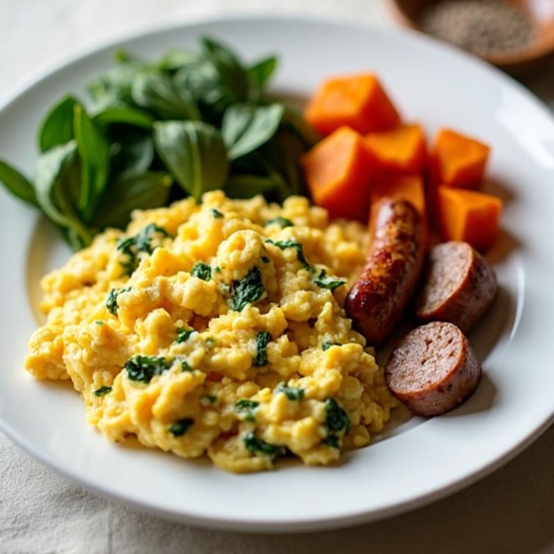 Egg White and Turkey Sausage Scramble with Spinach and Roasted Sweet Potato